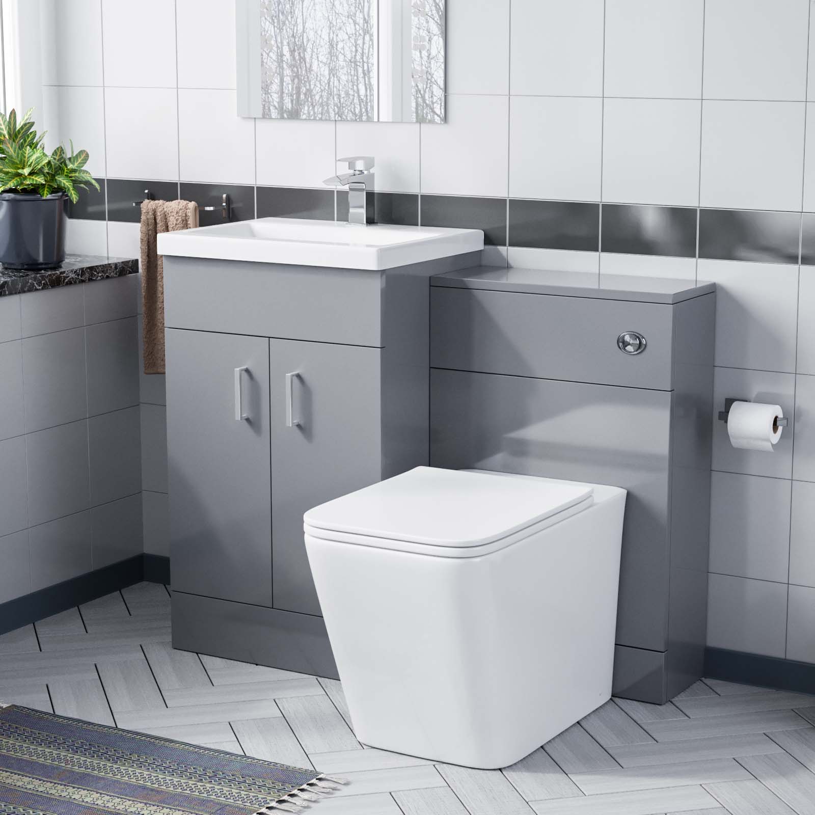 Grey 1000mm Floor Standing Vanity Unit, WC & Square Rimless Toilet
