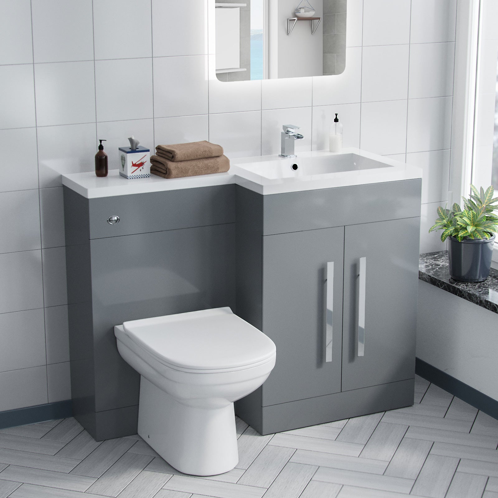 Aric 1100mm Grey L-Shape RH & Concealed Cistern for BTW Toilet - Flat Pack