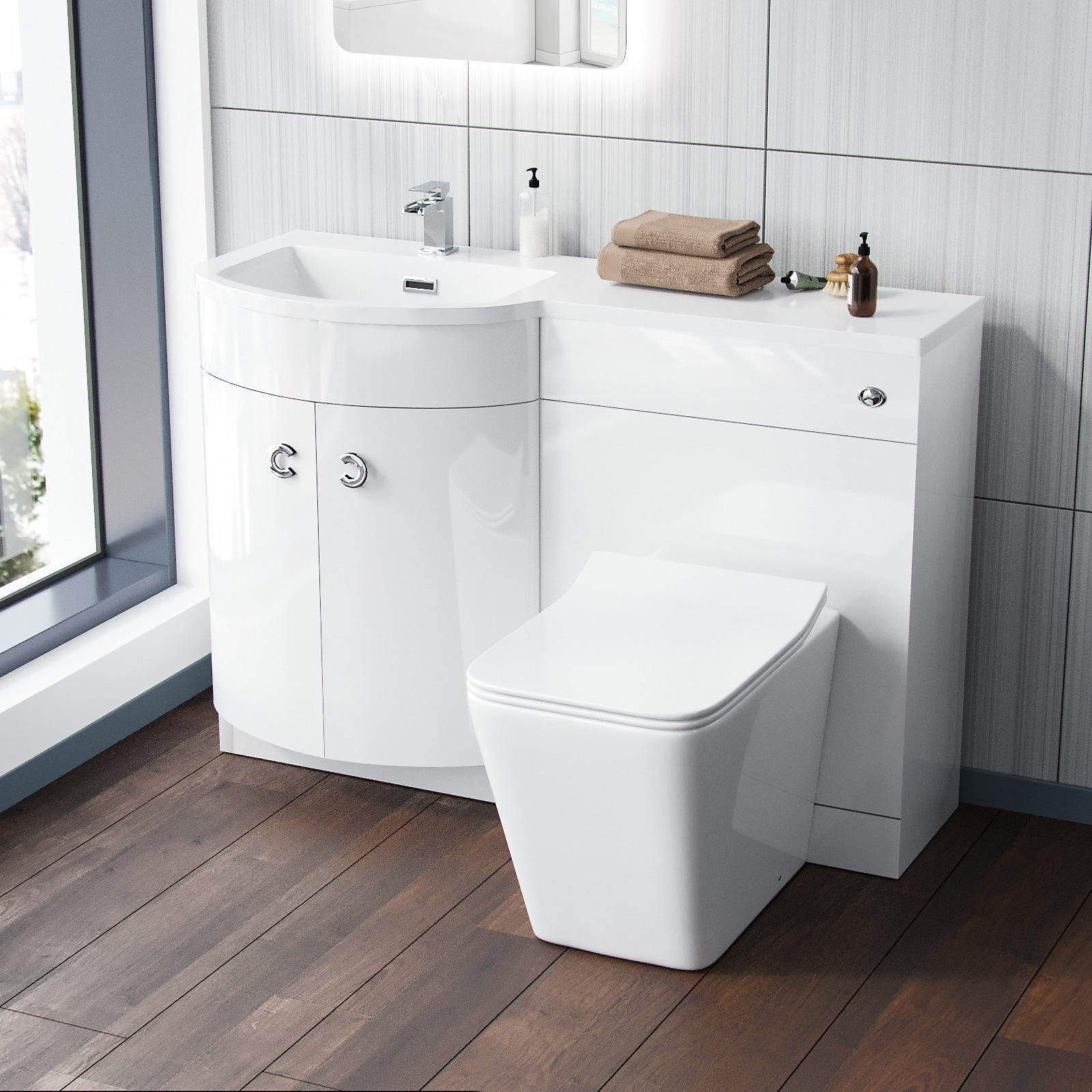 Dene 1100mm LH White Basin Vanity Flat Pack Bathroom, WC Unit, Rimless BTW Toilet
