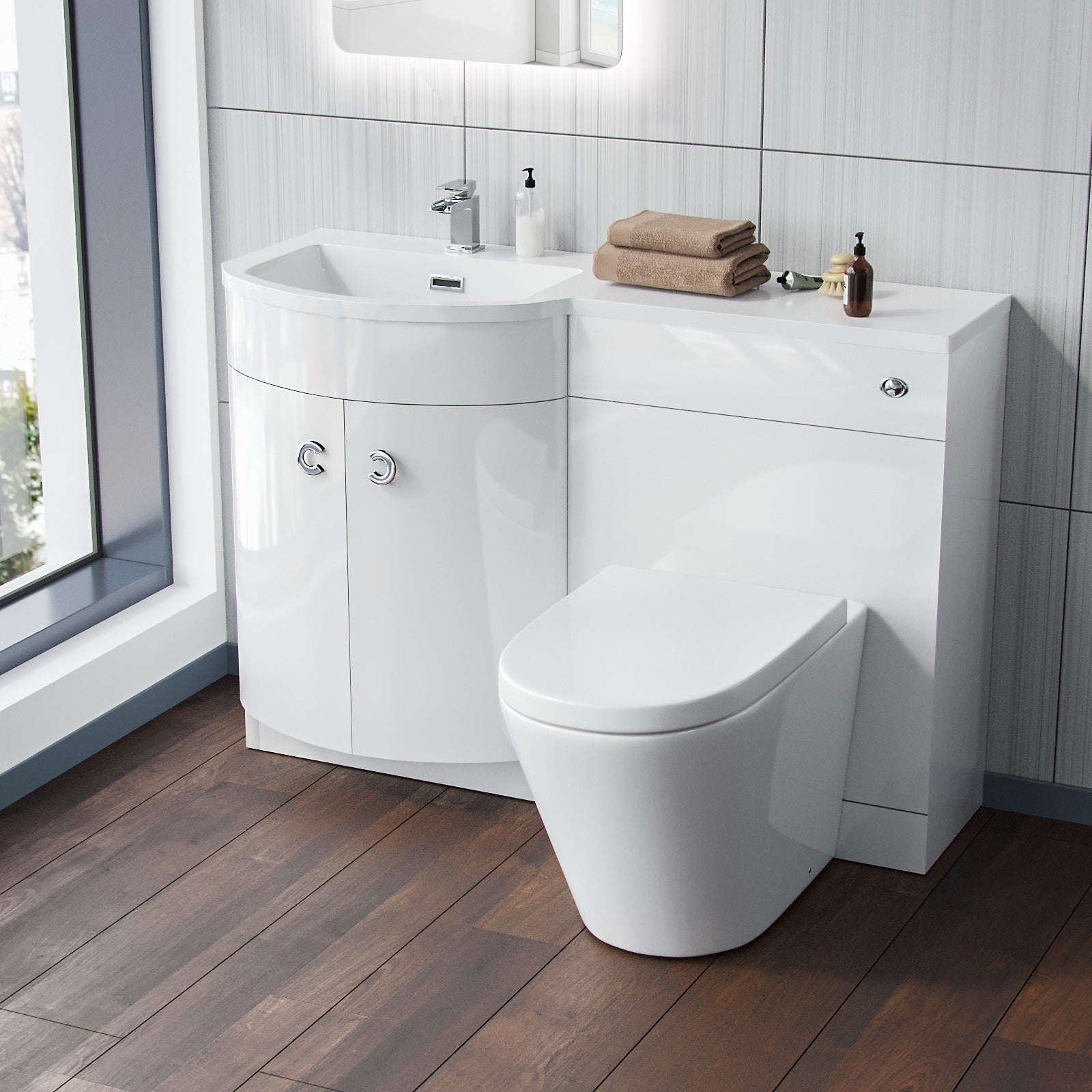 Dene 1100mm LH Flat Pack White Basin Vanity Flat Pack Bathroom, WC Unit, Modern BTW Toilet