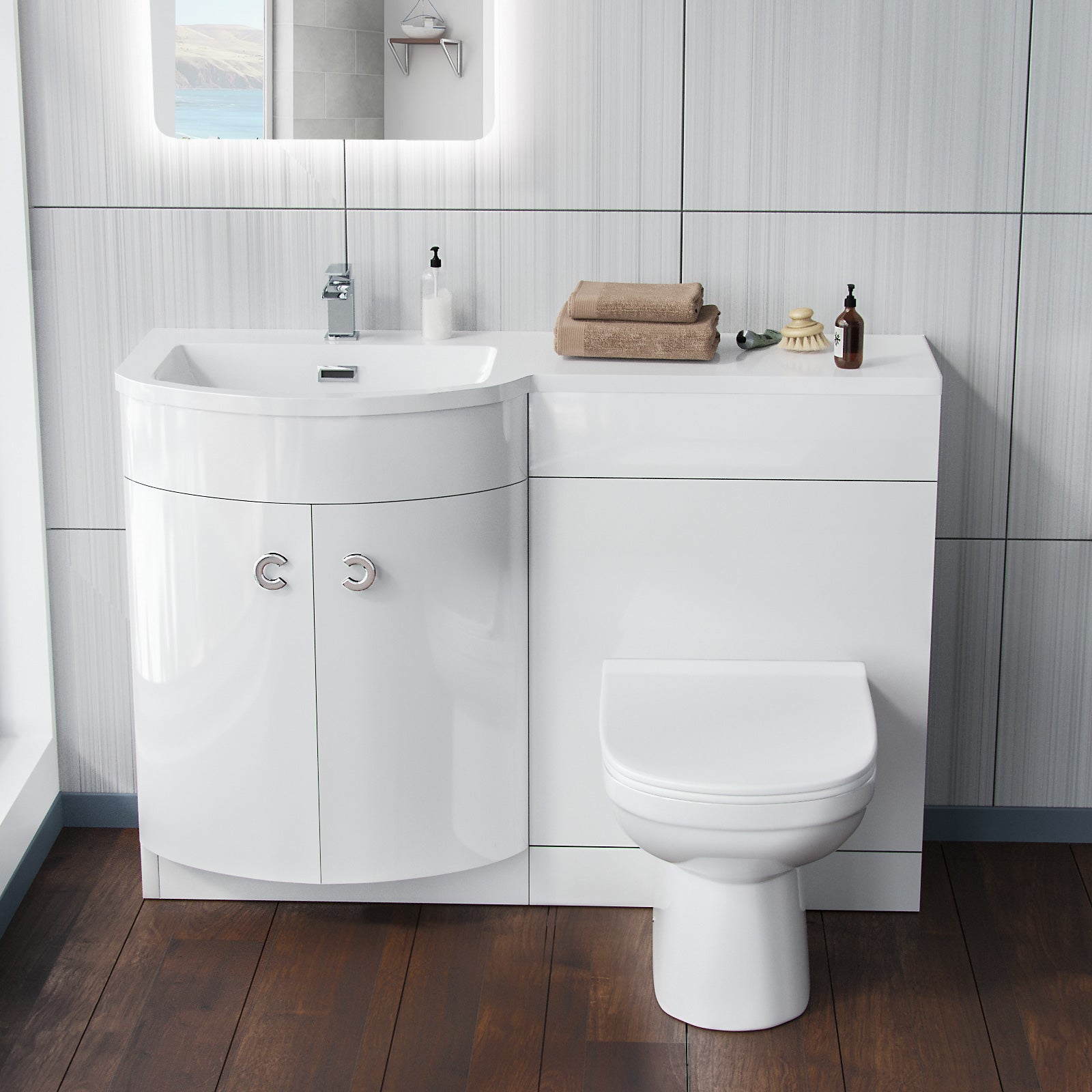 Dene 1100mm LH White Basin Vanity Flat Pack , WC Unit and BTW Toilet