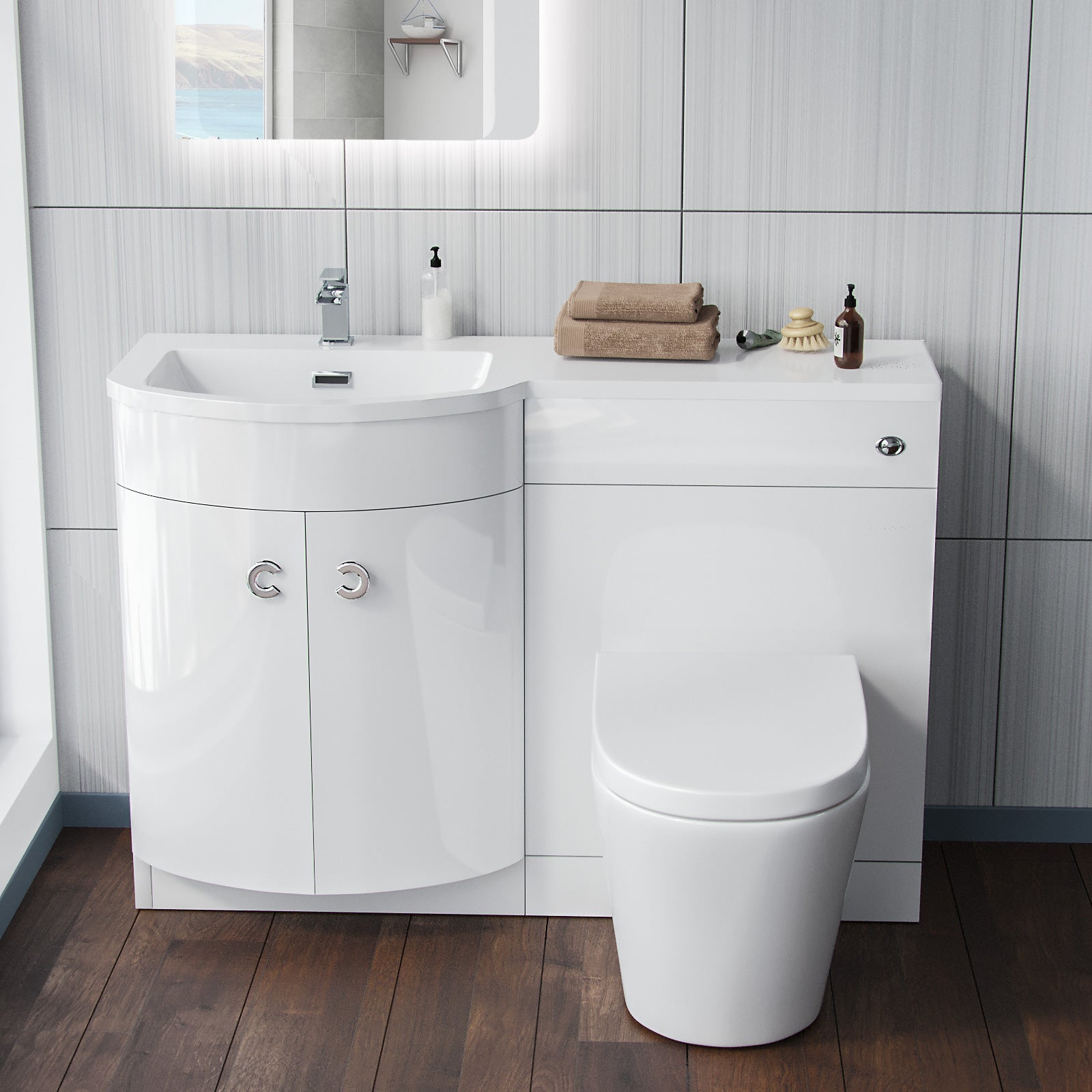 Dene 1100mm LH Flat Pack White Basin Vanity Flat Pack Bathroom, WC Unit, Modern BTW Toilet