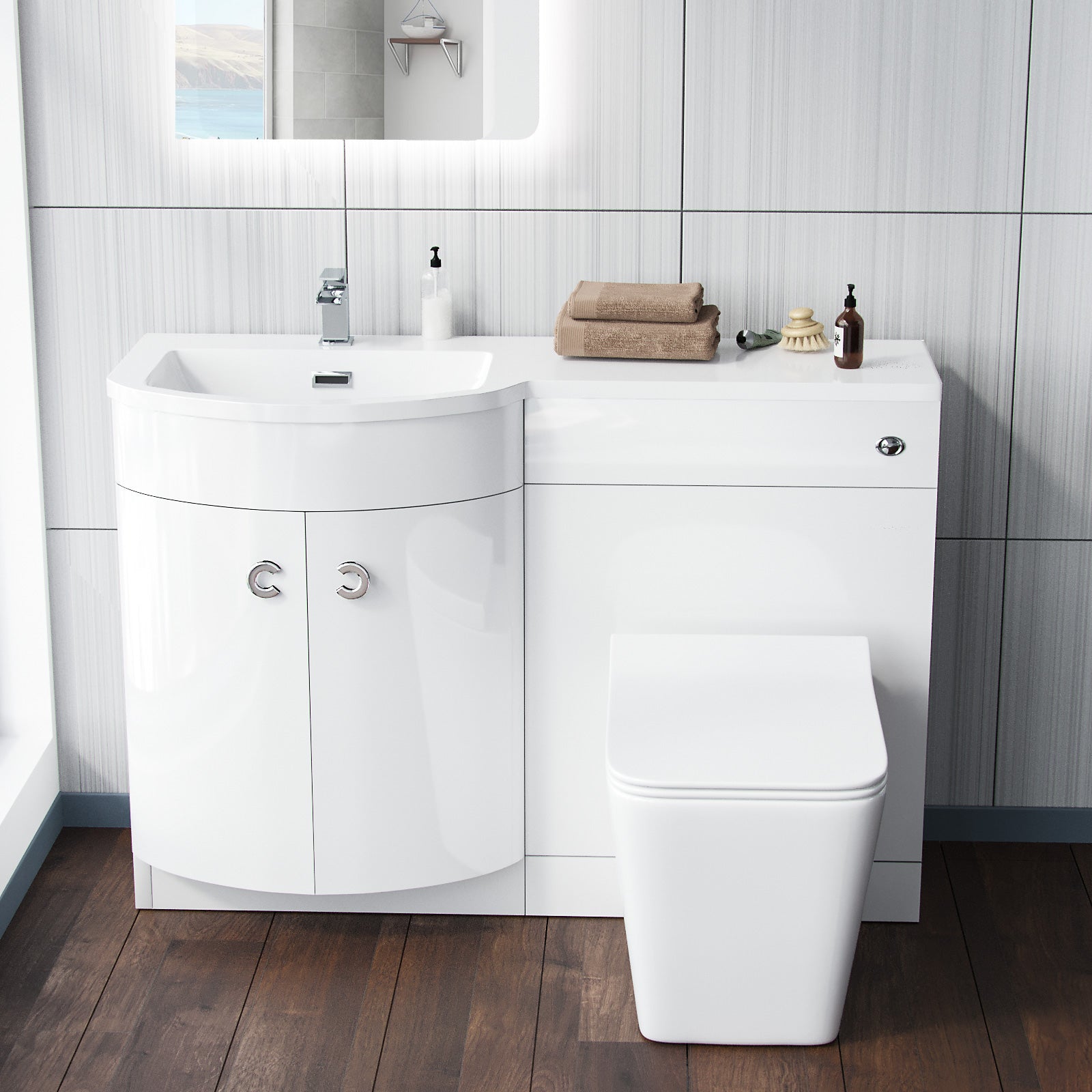 Dene 1100mm LH White Basin Vanity Flat Pack Bathroom, WC Unit, Rimless BTW Toilet