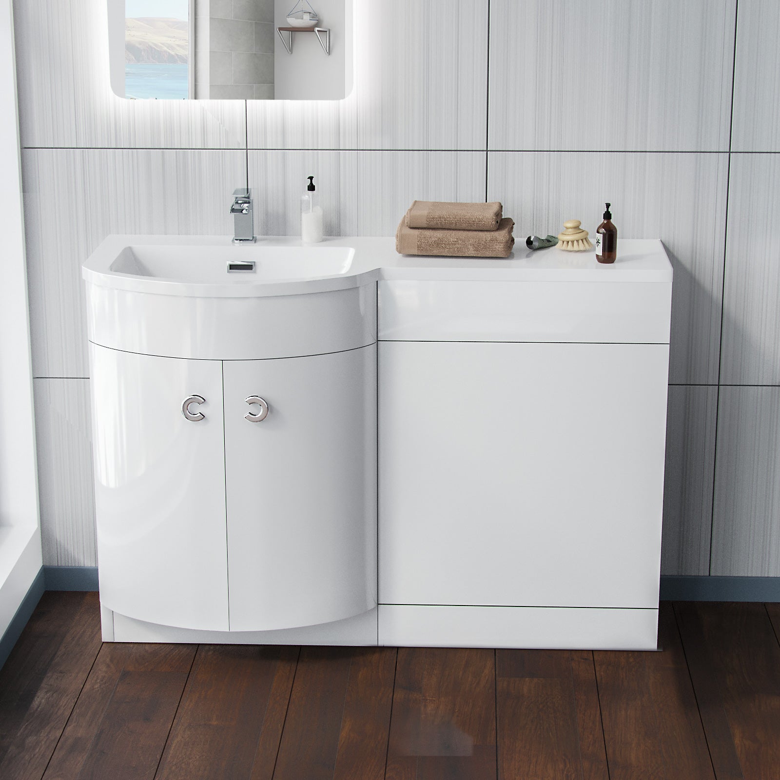 Dene 1100mm LH Freestanding Gloss White Basin Vanity Flat Pack Bathroom + WC Unit