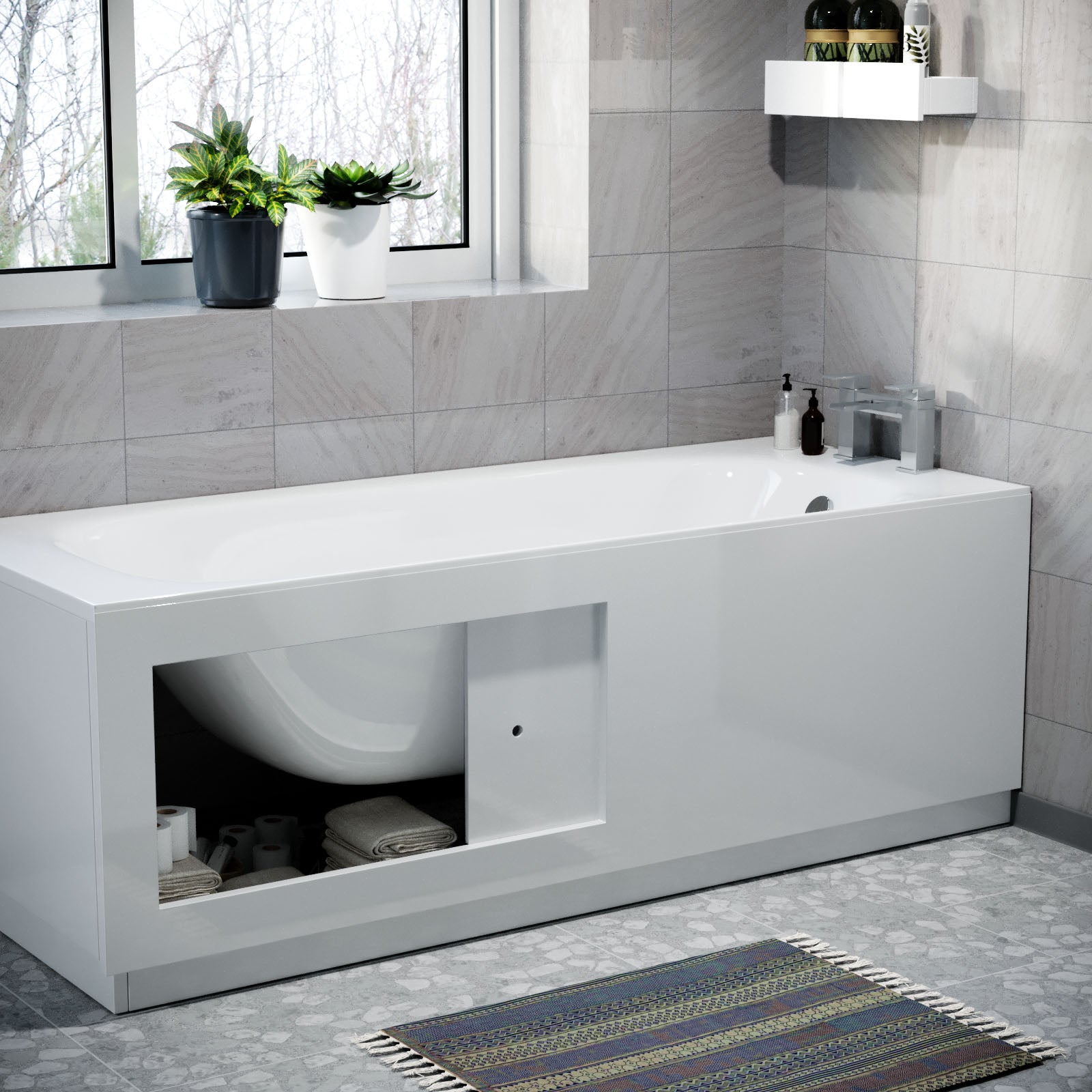 Modern 1800mm PVC Sliding Door Bath Front Side Panel Gloss White + Plinth