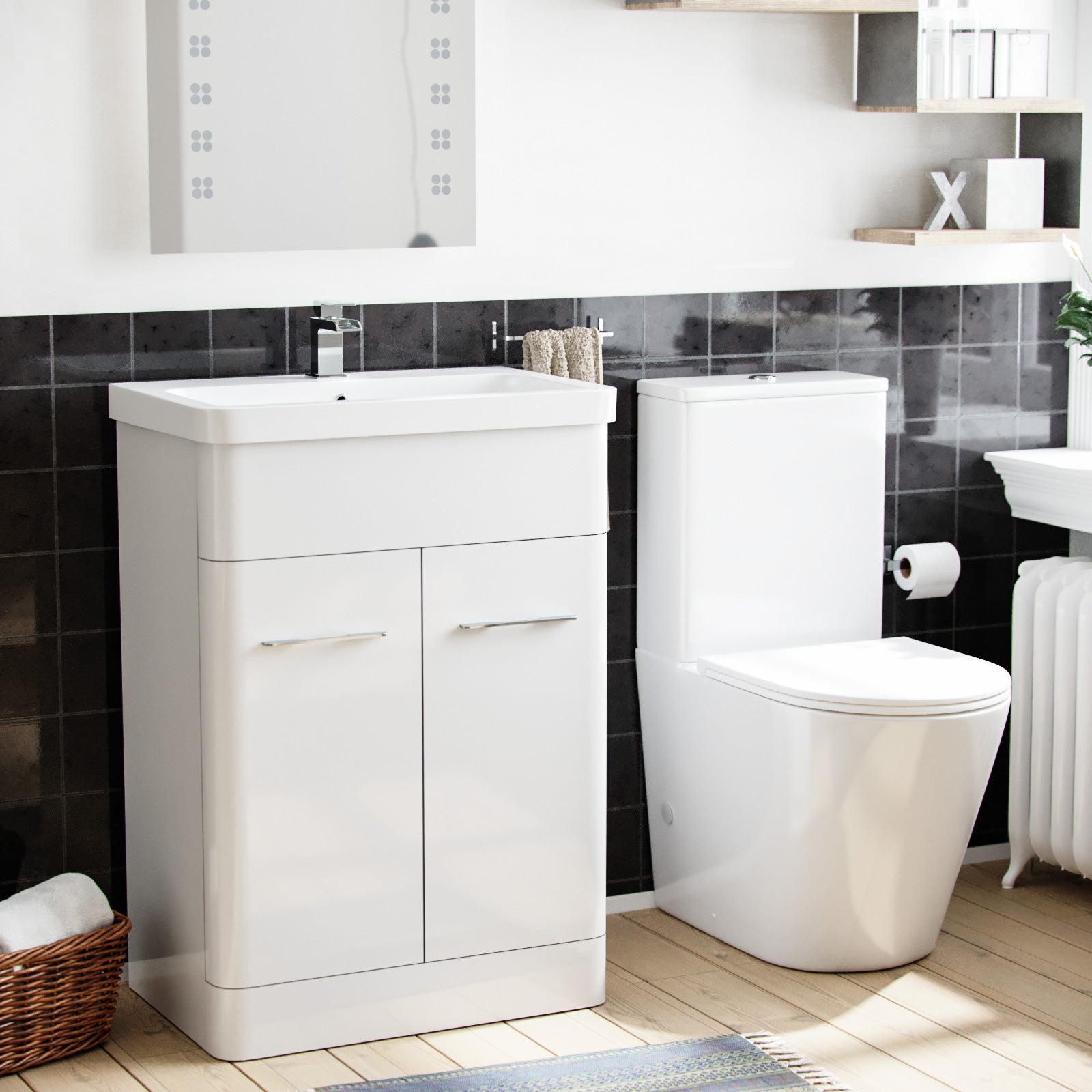 Afern 600mm Freestanding White Flat Packed Vanity Unit with Bella Closed Coupled Toilet