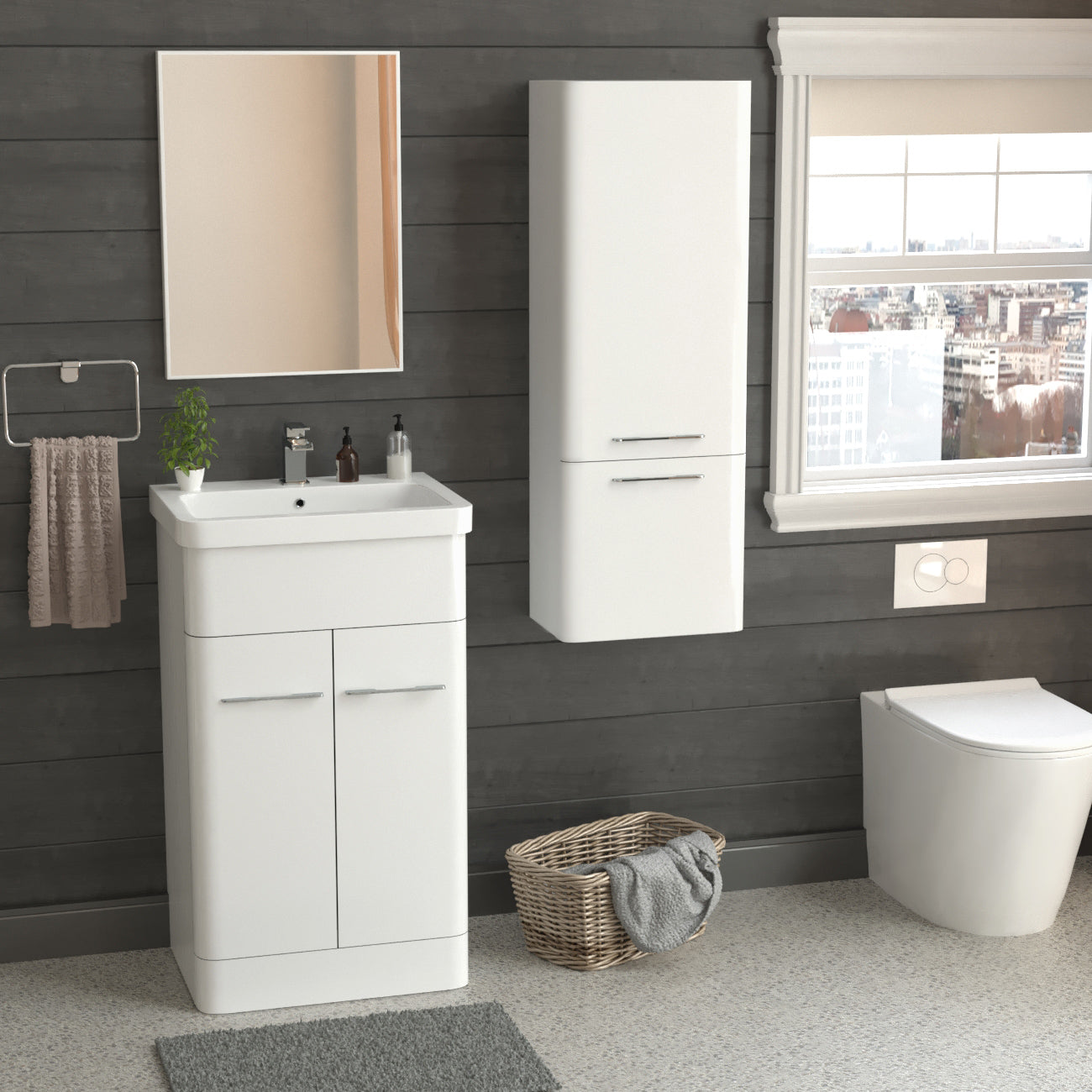 Afern 500mm Freestanding White Flat Packed Vanity Unit with Lex 1000mm Wall Hung Storage Cabinet