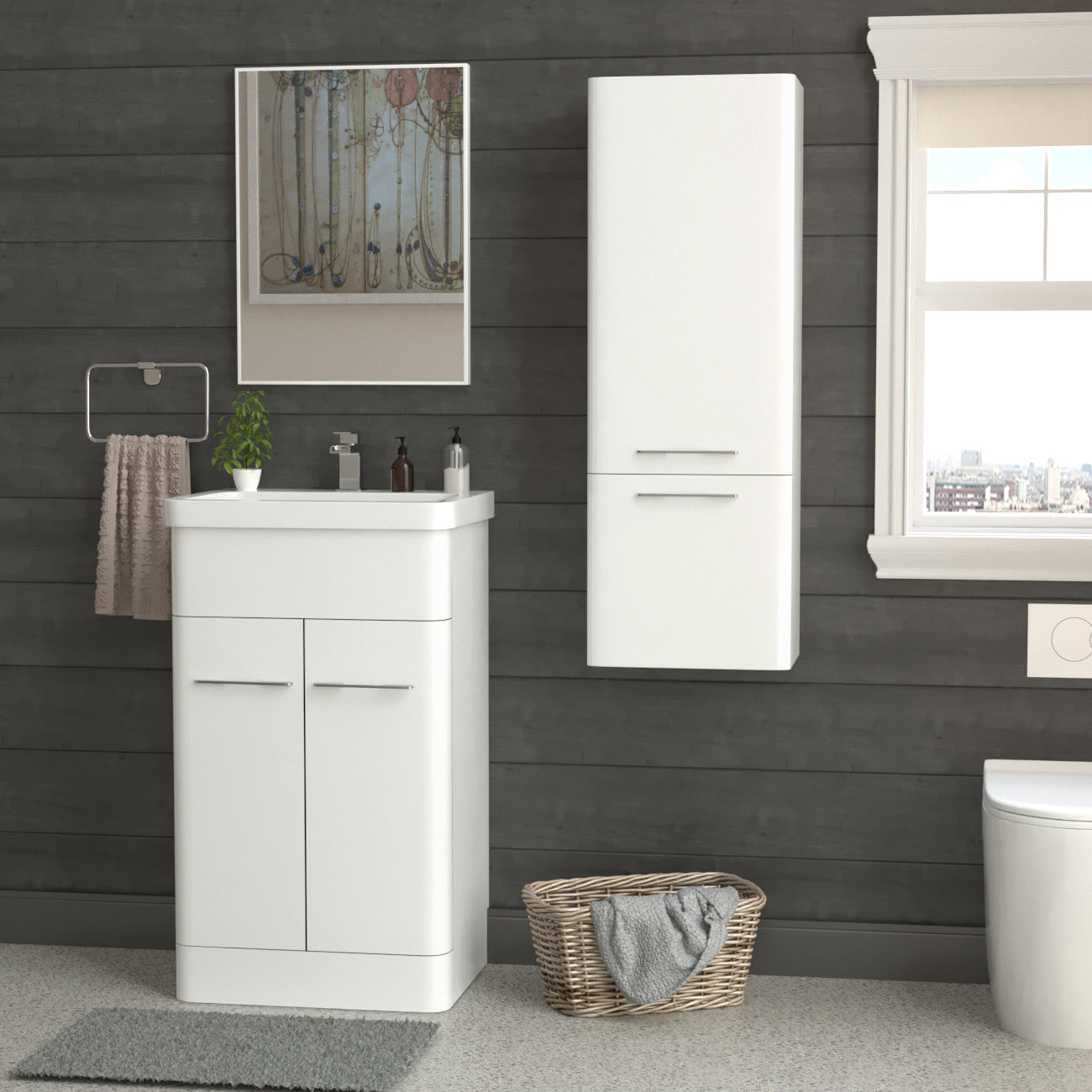 Afern 500mm Freestanding White Flat Packed Vanity Unit with Lex 1000mm Wall Hung Storage Cabinet