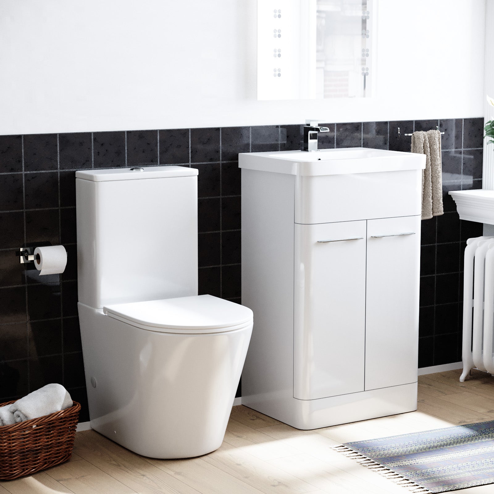 Afern 500mm Freestanding Modern Gloss White Flat Packed Vanity Unit with Bella Closed Coupled Toilet