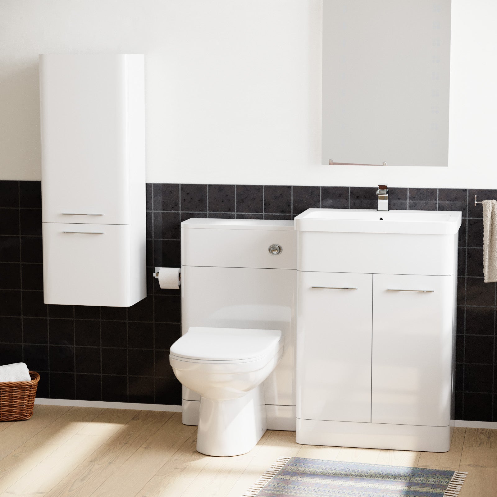 Afern 600mm White Flat Packed Vanity Unit & 1000mm Wall Hung Cabinet & BTW Toilet
