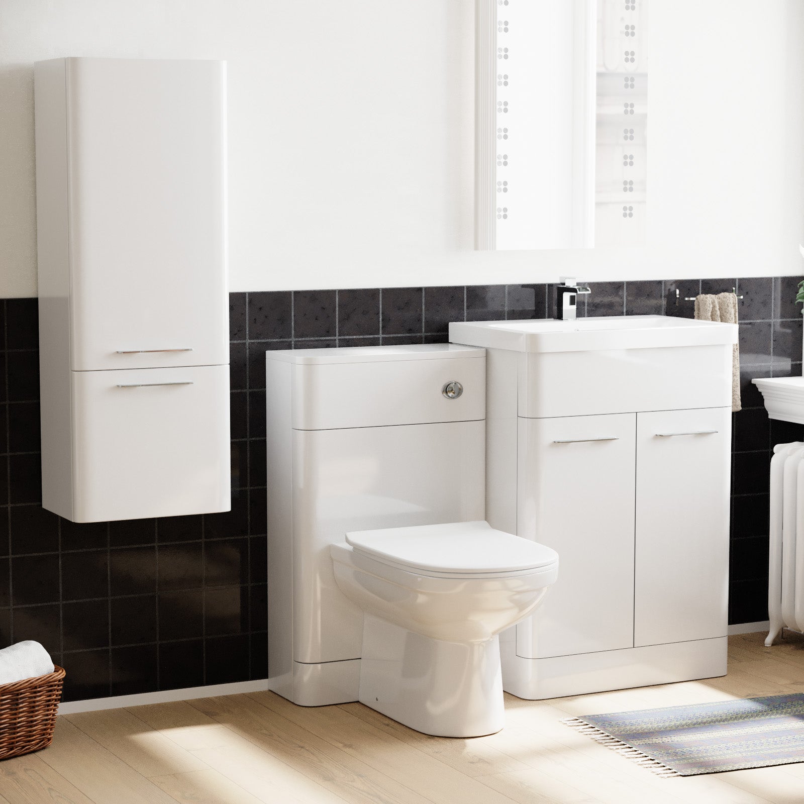 Afern 600mm White Flat Packed Vanity Unit & 1000mm Wall Hung Cabinet & BTW Toilet