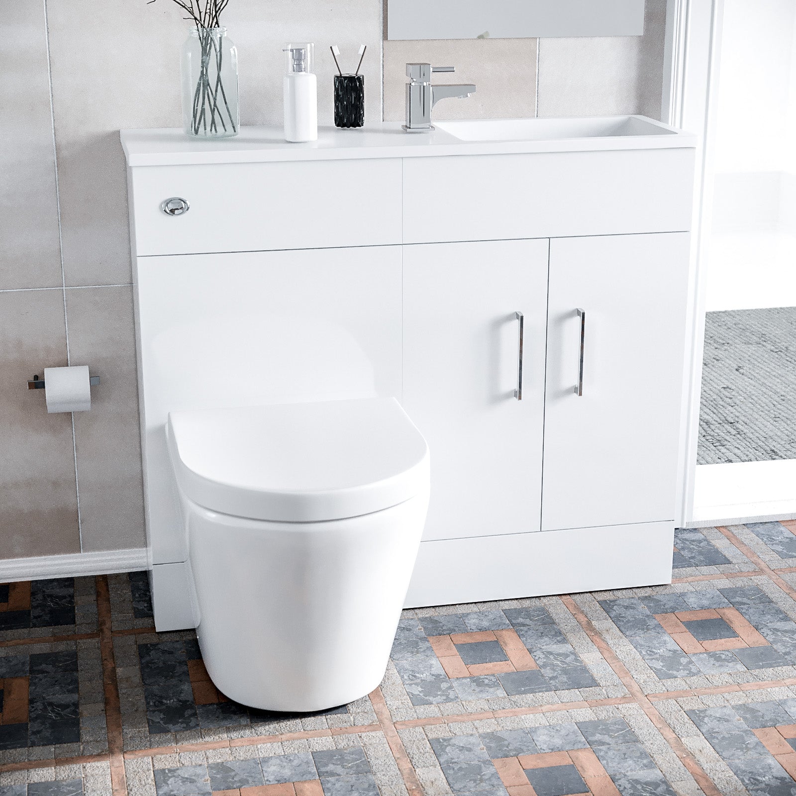 James 1000mm White Slimline Vanity, Basin WC Unit BTW Rimless Toilet - Flat Pack