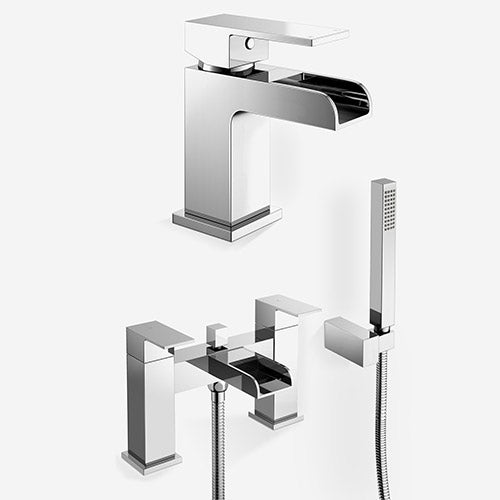 Ozone Modern Chrome Waterfall Basin Mono Tap & Bath Shower Mixer Tap + Waste