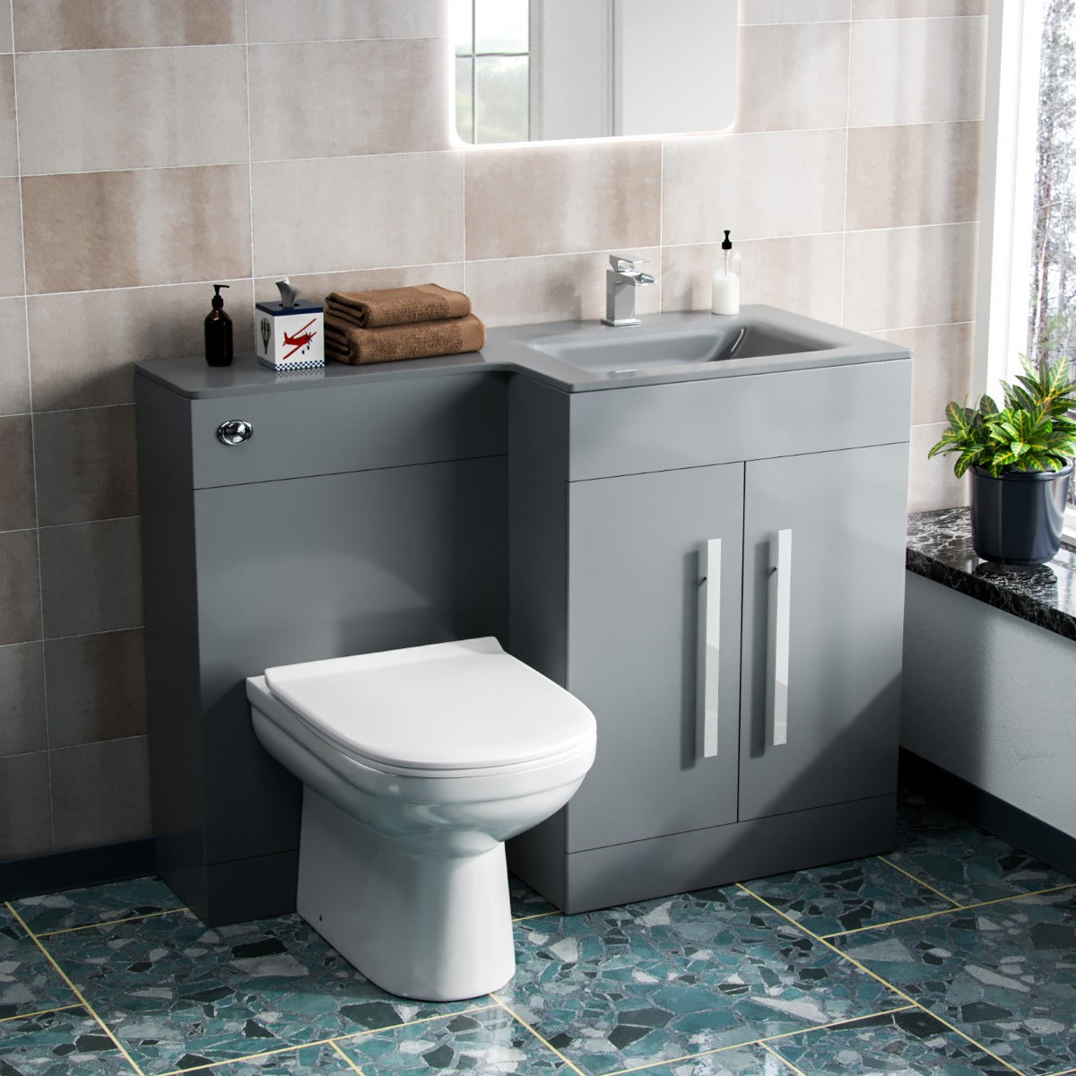 Aric RH 1100mm Flat Pack Vanity Basin Unit, WC Unit & Elso Back To Wall Toilet Grey