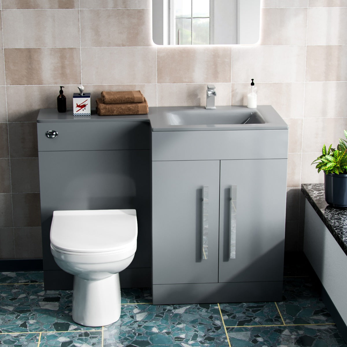 Aric RH 1100mm Flat Pack Vanity Basin Unit, WC Unit & Elso Back To Wall Toilet Grey