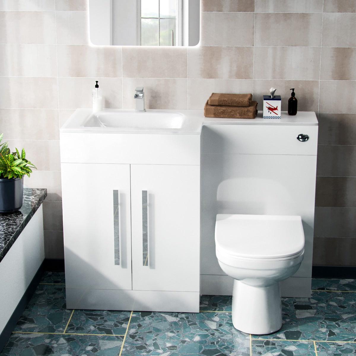 Aric LH 1100mm Flat Pack Vanity Basin Unit, WC Unit & Elso Back to Wall Toilet White