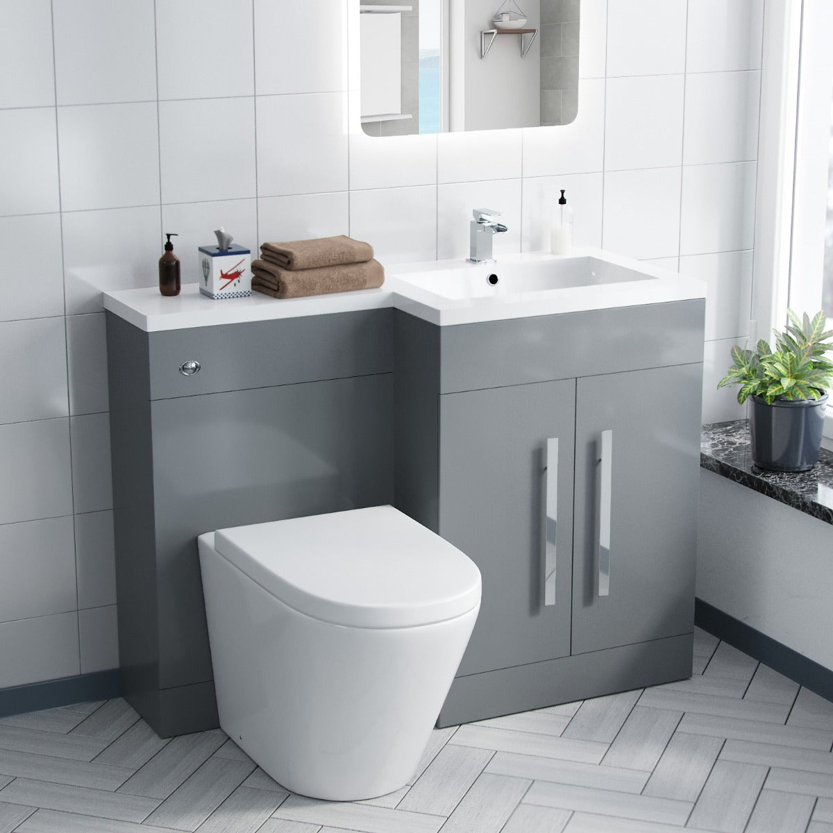 Aric RH 1100mm Flat pack Vanity Basin Unit, WC Unit & Debra Back To Wall Toilet Grey
