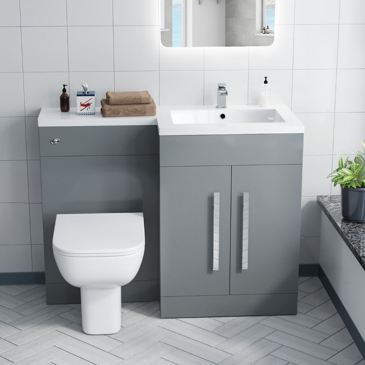 Aric RH 1100mm Flat Pack Vanity Basin Unit, WC Unit & Debra Back To Wall Toilet Grey