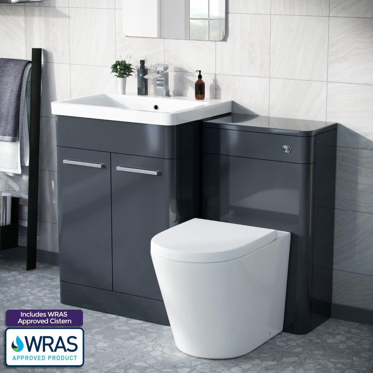 Afern 1100mm Anthracite Vanity Basin Unit, WC Unit & Round Back to Wall Toilet