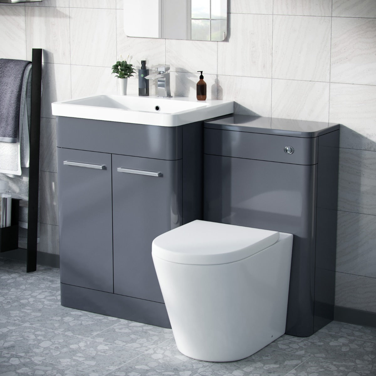 Afern 600mm Vanity Basin Unit, WC Unit & Round Back to Wall Toilet Steel Grey