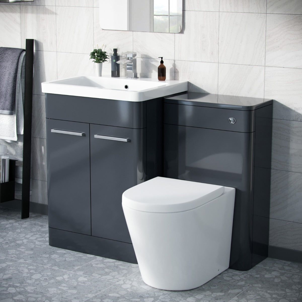 Afern 600mm Vanity Basin Unit, WC Unit & Round Back to Wall Toilet Anthracite