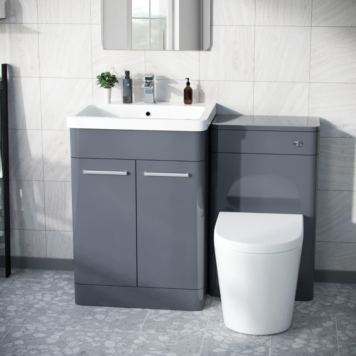 Afern 600mm Vanity Basin Unit, WC Unit & Round Back to Wall Toilet Steel Grey