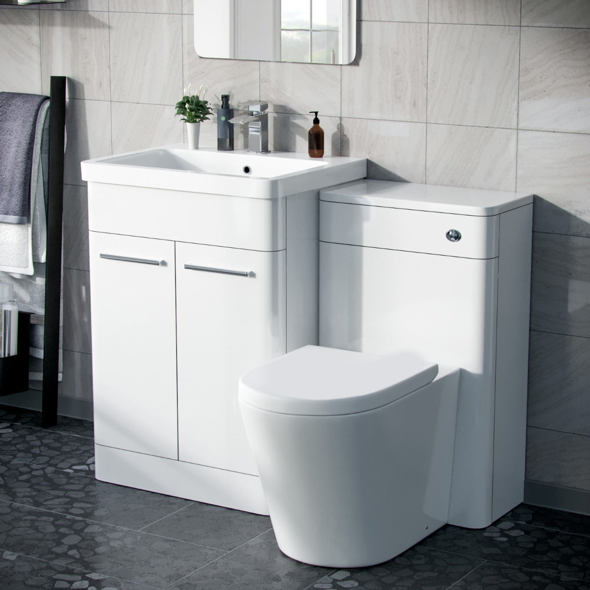 Afern 600mm Vanity Basin Unit, WC Unit & Round Back to Wall Toilet White
