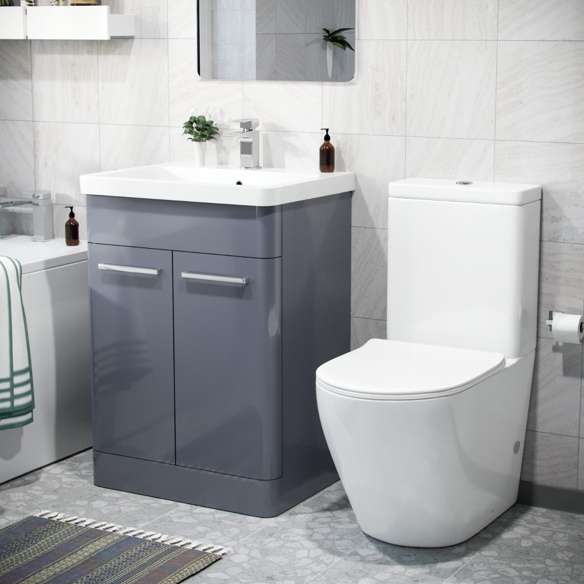 Afern 600mm Freestanding Vanity Unit, Curved Rimless Close Coupled Toilet Steel Grey