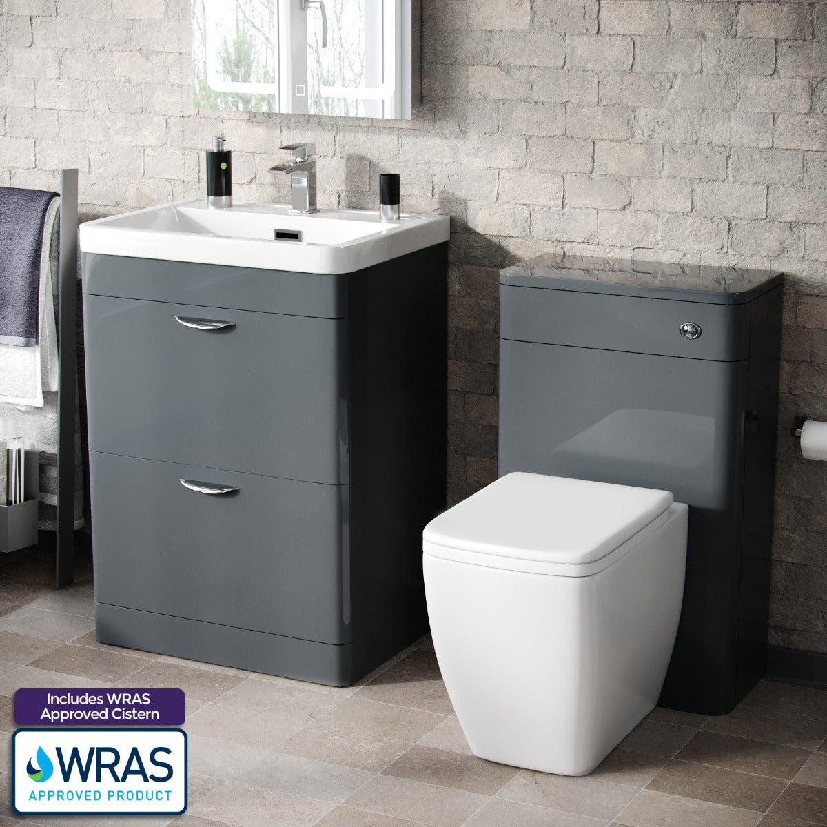 Wyke 600mm Floor Standing 2 Drawer Vanity Basin, WC Unit & BTW Toilet Grey
