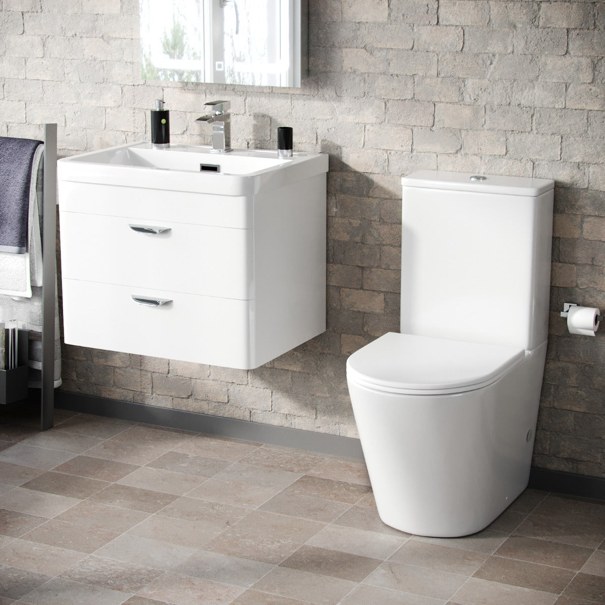 Wyke 600mm Wall Hung 2 Drawer Vanity And Curved Close Coupled Toilet White