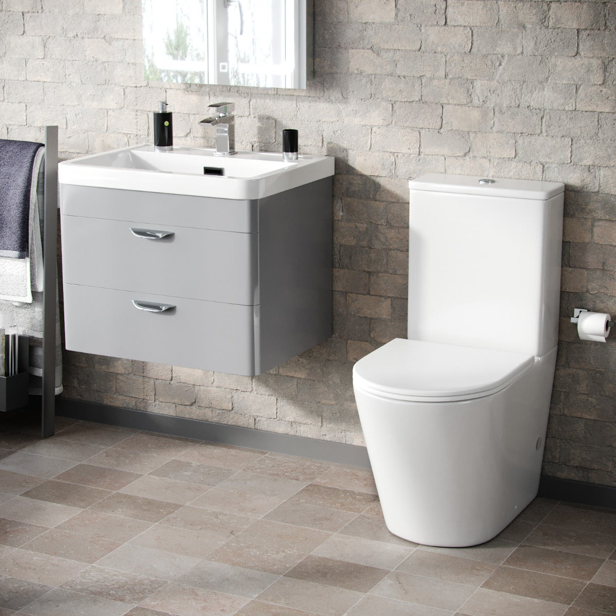Wyke 600mm Wall Hung 2 Drawer Vanity And Curved Close Coupled Toilet Grey