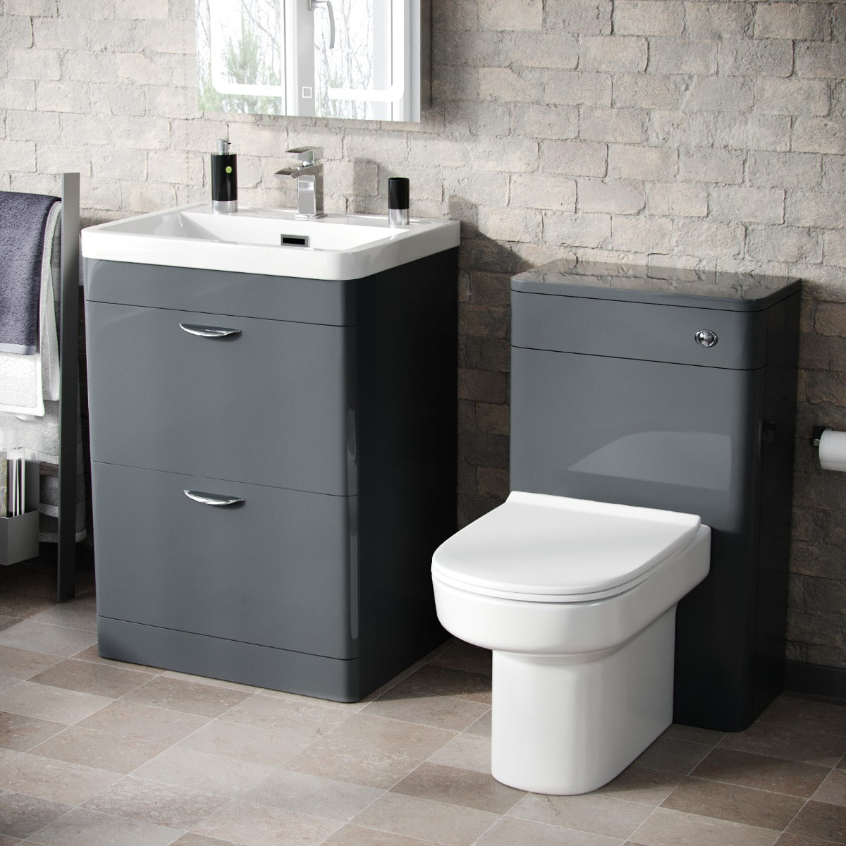 Wyke 600mm Floor Standing 2 Drawer Vanity, WC Unit & BTW D-Shape Toilet Dark Grey