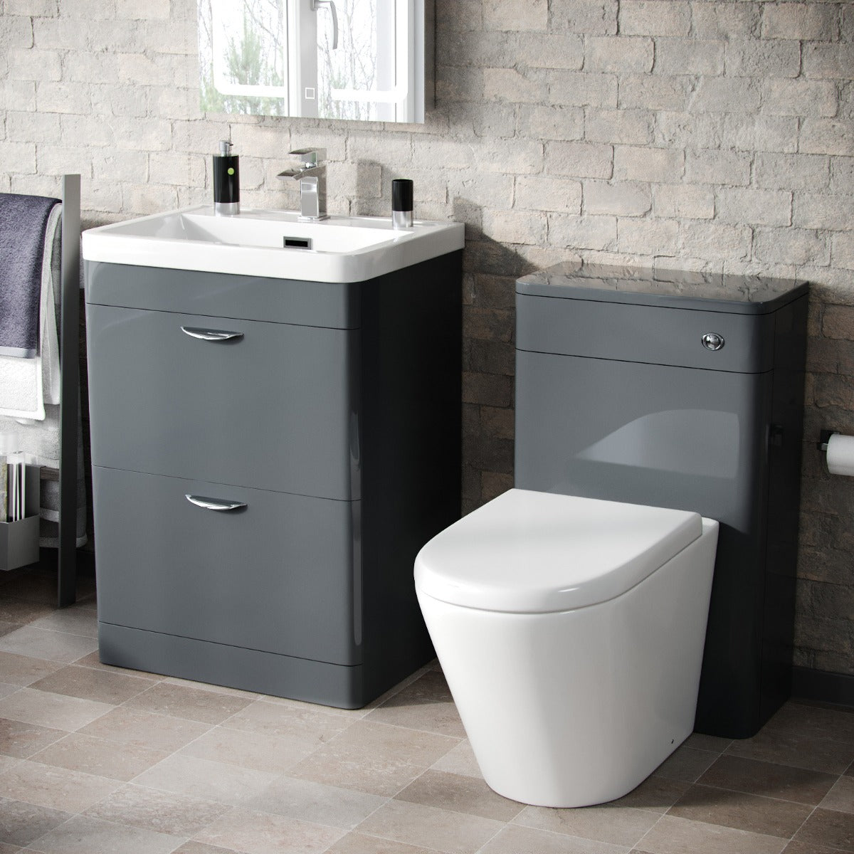 Wyke 600mm Floor Standing 2 Drawer Vanity, WC Unit & BTW Rimless Round Toilet Dark Grey