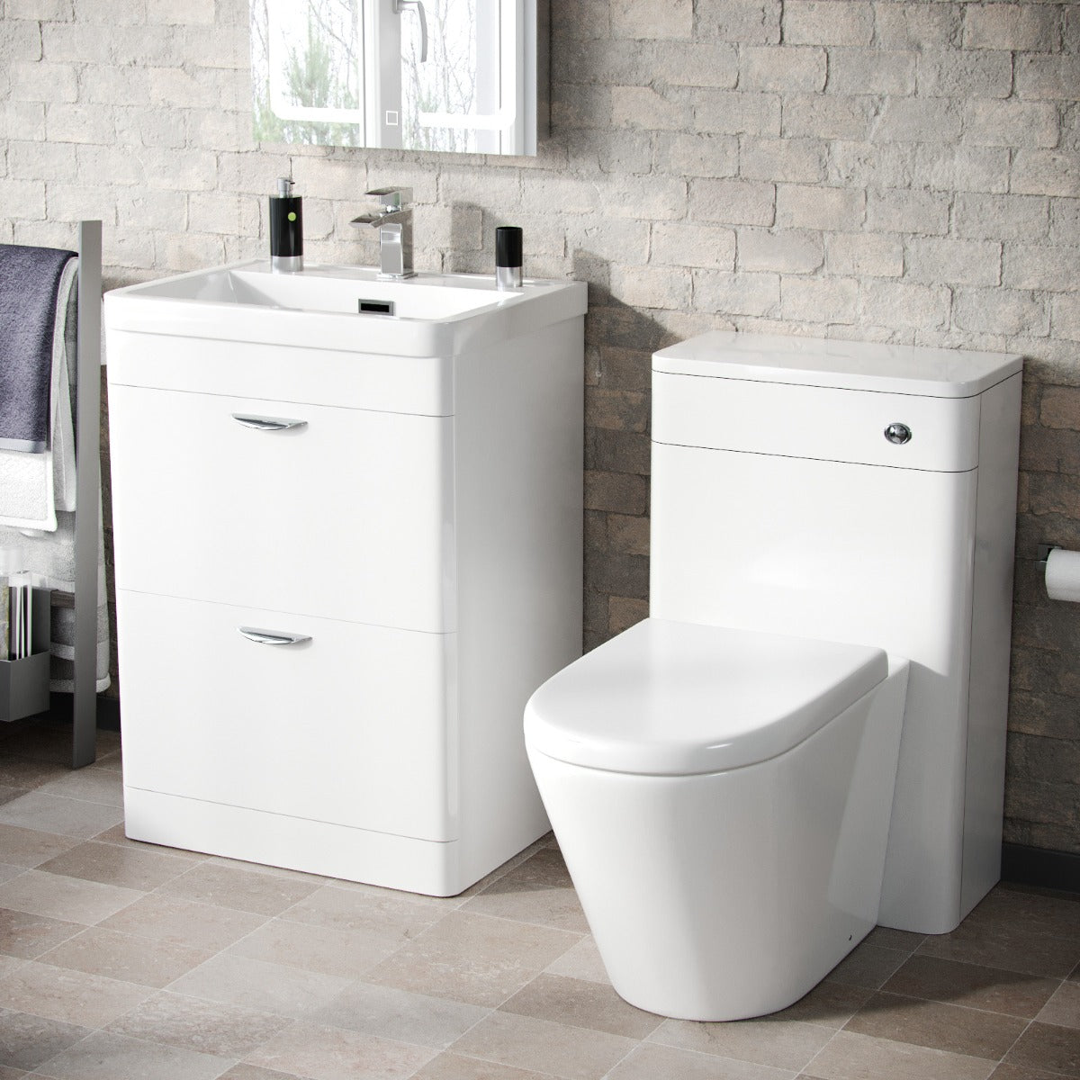 Wyke 600mm Floor Standing 2 Drawer Vanity, WC Unit & BTW Rimless Round Toilet White