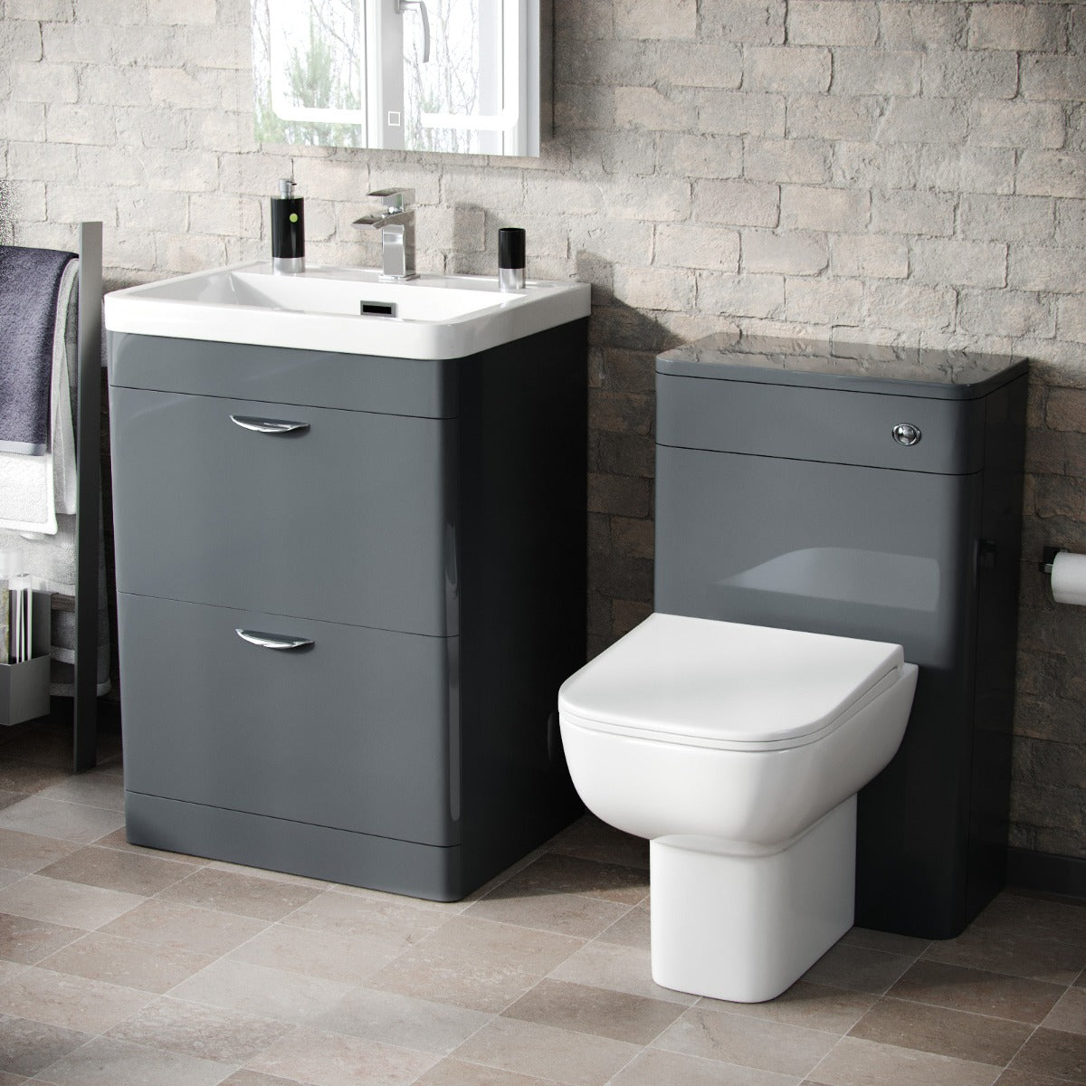 Wyke 600mm Floor Standing 2 Drawer Vanity, WC Unit & BTW Toilet Dark Grey