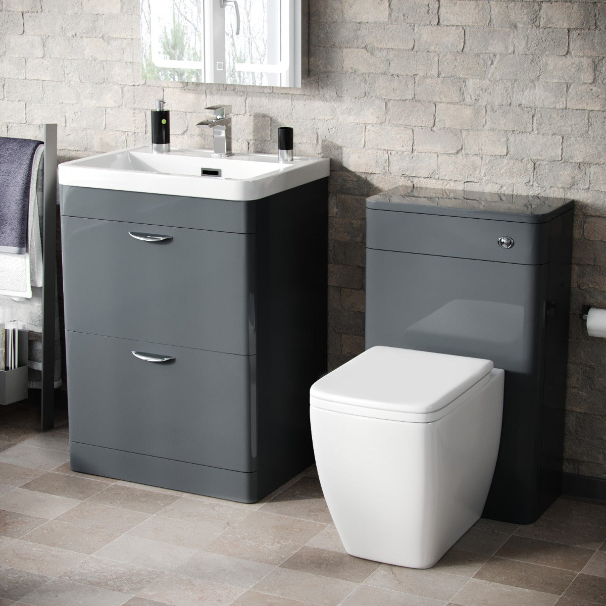 Wyke 600mm Floor Standing 2 Drawer Vanity Basin, WC Unit & BTW Toilet Grey