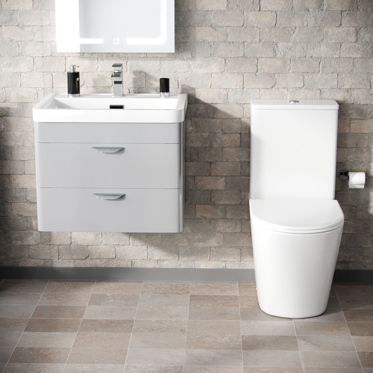 Wyke 600mm Wall Hung 2 Drawer Vanity And Curved Close Coupled Toilet Grey