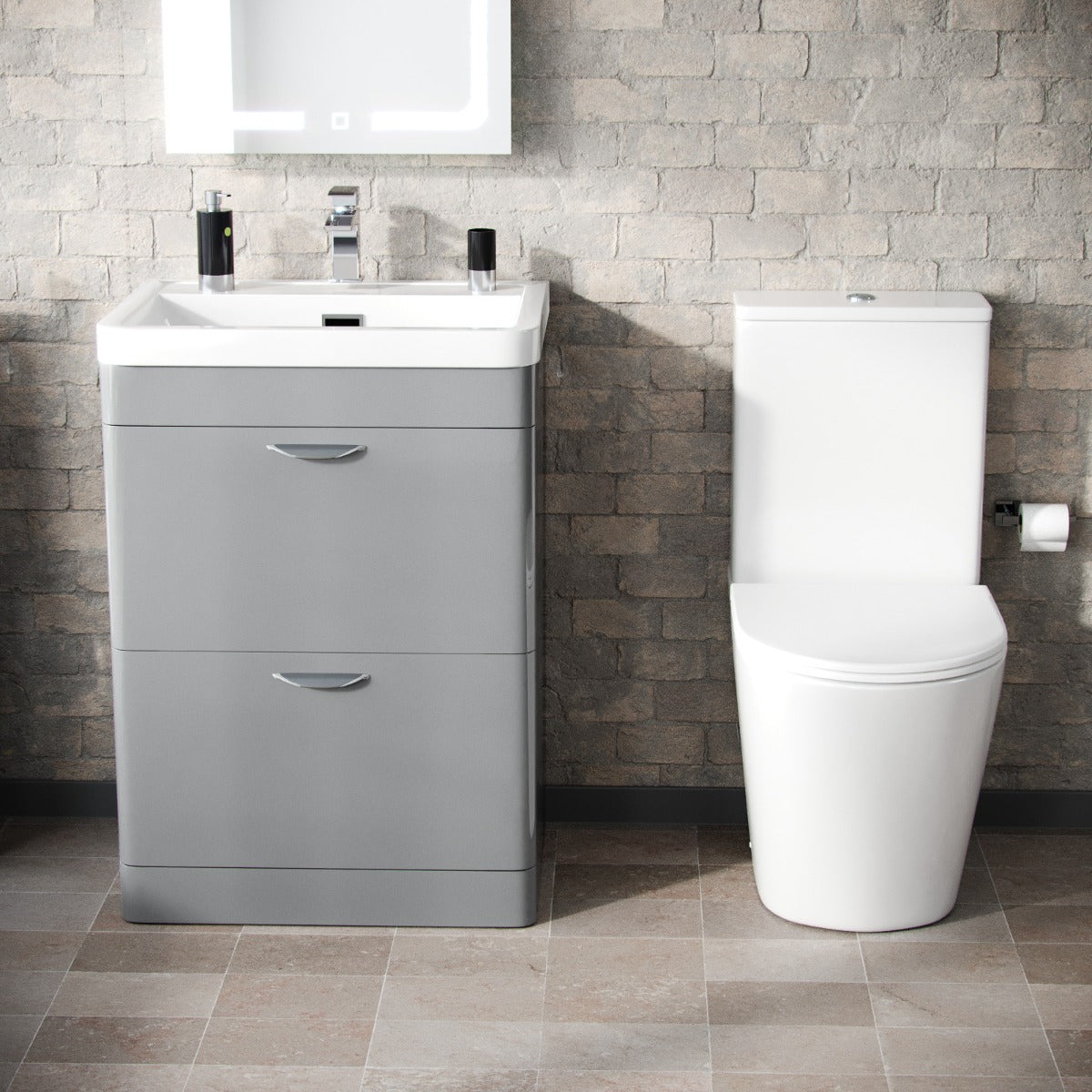 Wyke 600mm Floorstanding 2 Drawer Vanity And Curved Close Coupled Toilet Grey