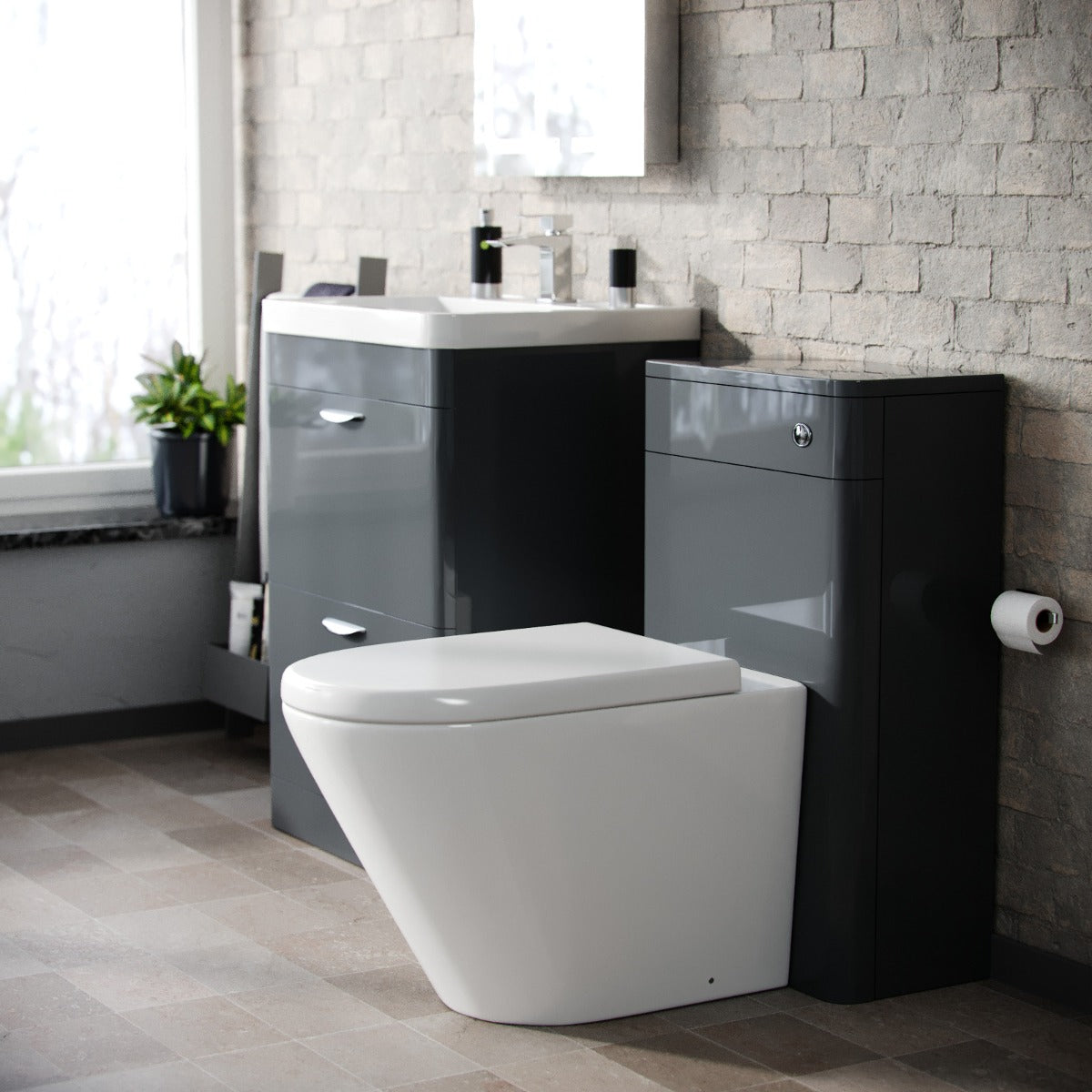 Wyke 600mm Floor Standing 2 Drawer Vanity, WC Unit & BTW Rimless Round Toilet Dark Grey