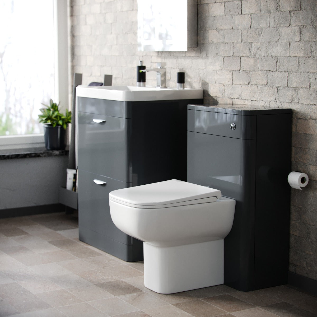 Wyke 600mm Floor Standing 2 Drawer Vanity, WC Unit & BTW Toilet Dark Grey