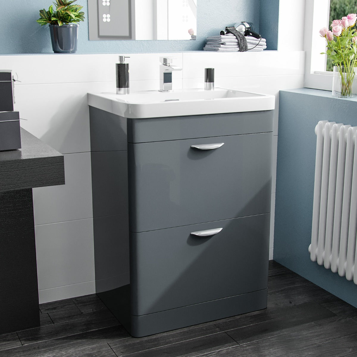 Wyke 600mm 2 Drawer Dark Grey Freestanding Vanity Cabinet With Basin Sink