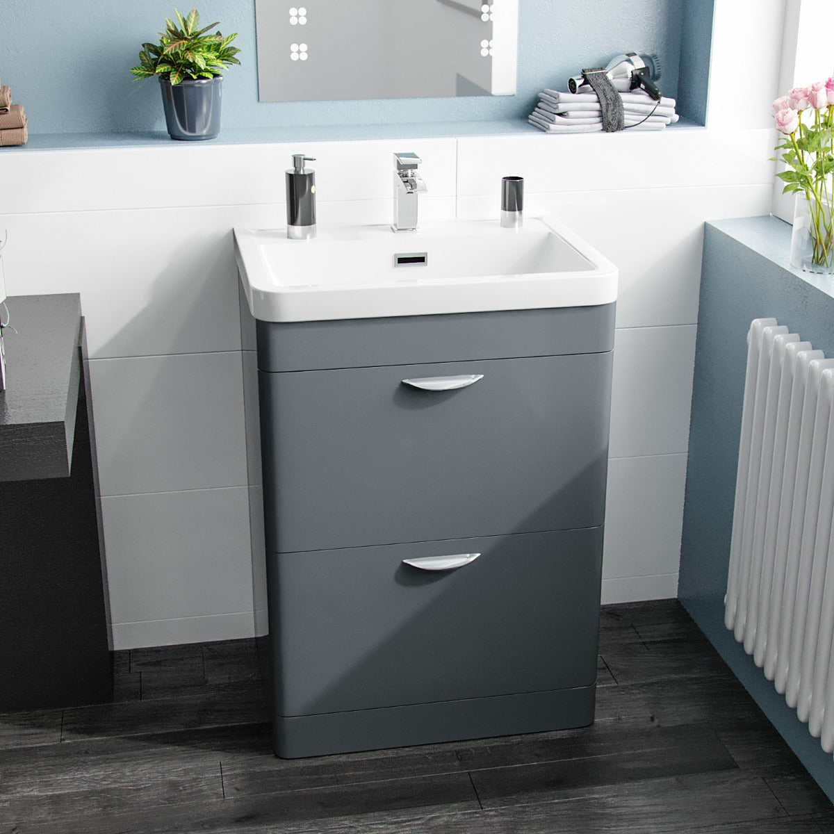 Wyke 600mm 2 Drawer Dark Grey Freestanding Vanity Cabinet With Basin Sink