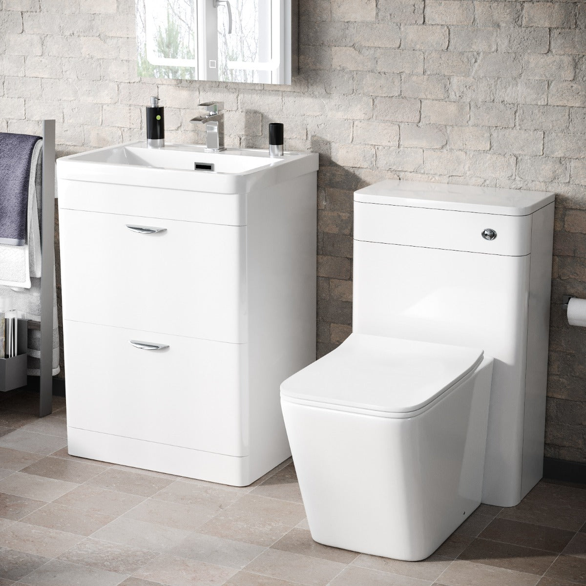 Wyke 600mm 2 Drawer Vanity Basin Unit, WC Unit & Elora Back to Wall Toilet White
