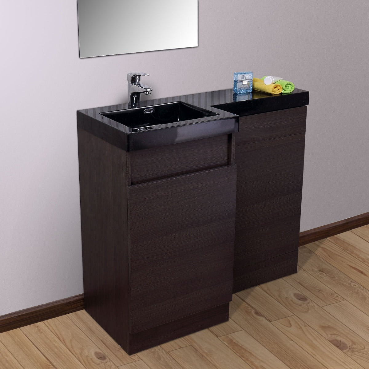 Zurzal 1000mm RH Black Basin Vanity Unit & Welbourne Back To Wall Toilet Oak