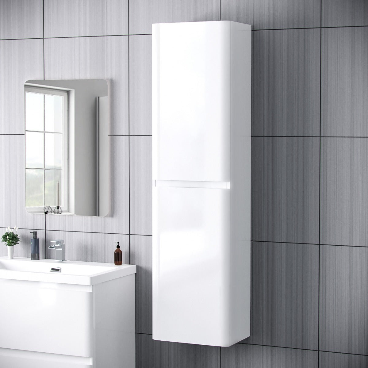 Alaska Tall Wall Hung Storage Cabinet Gloss White Bathroom Furniture Unit