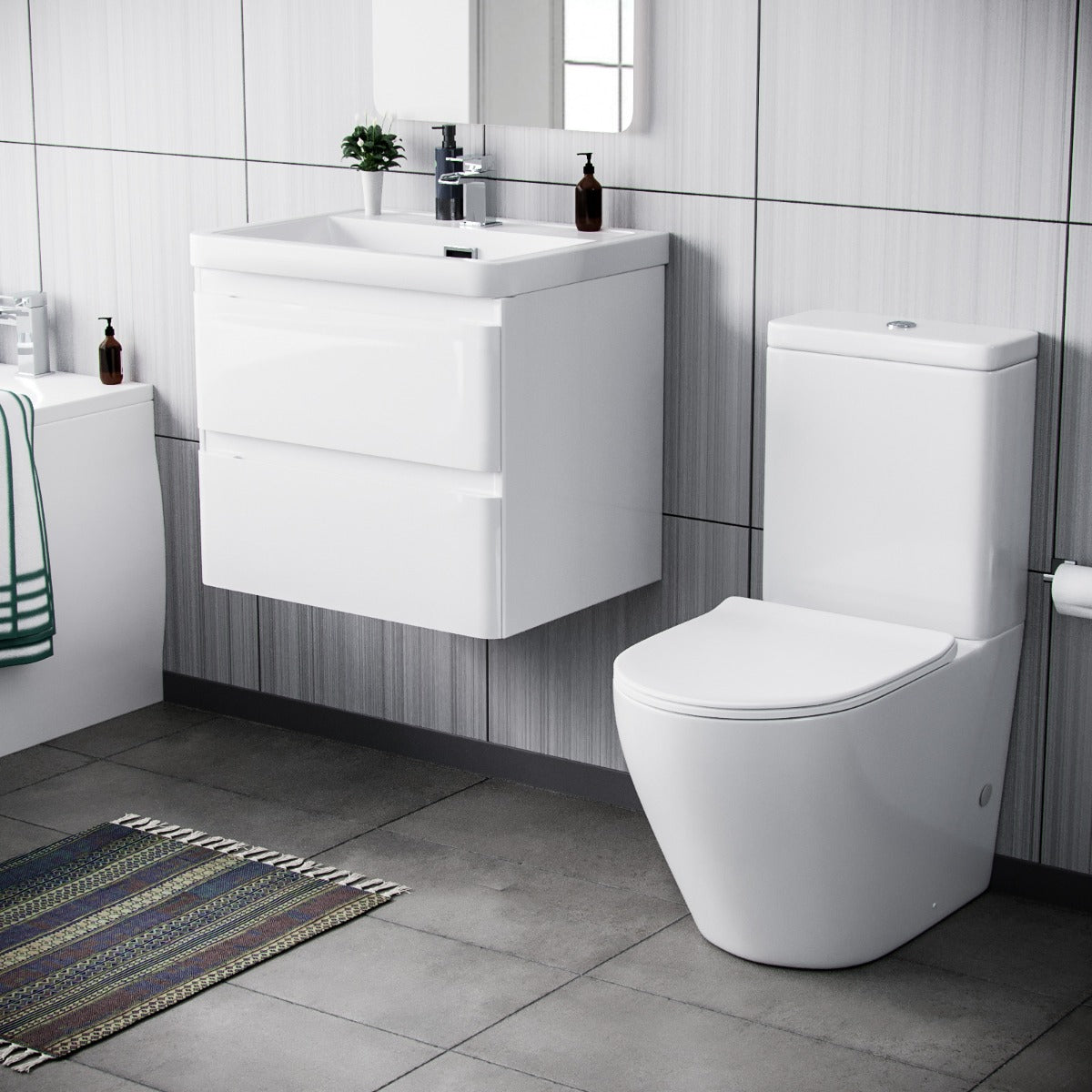 Alaska 600mm Wall Hung Vanity Basin Unit & Curved Close Coupled Toilet White
