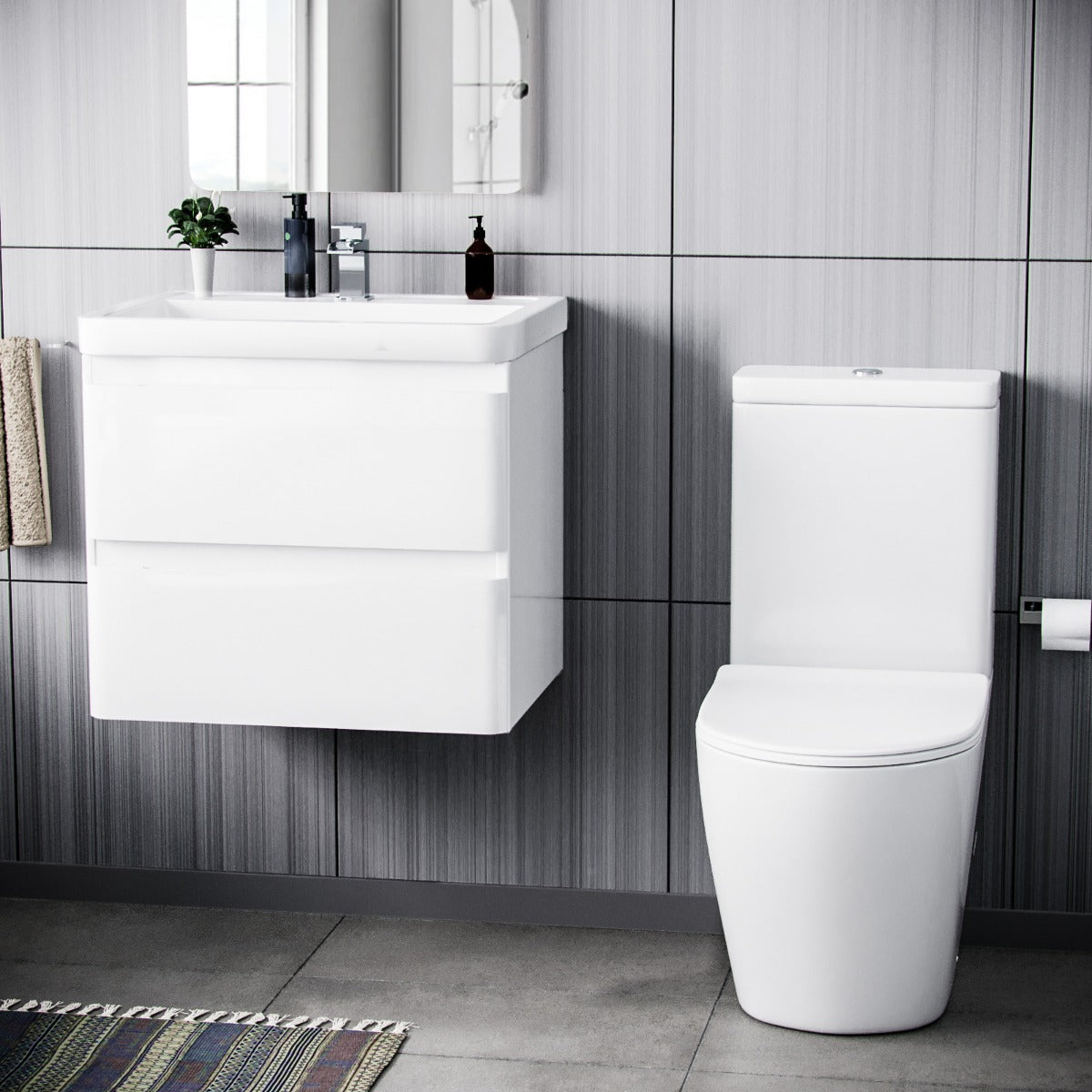 Alaska 600mm Wall Hung Vanity Basin Unit & Curved Close Coupled Toilet White