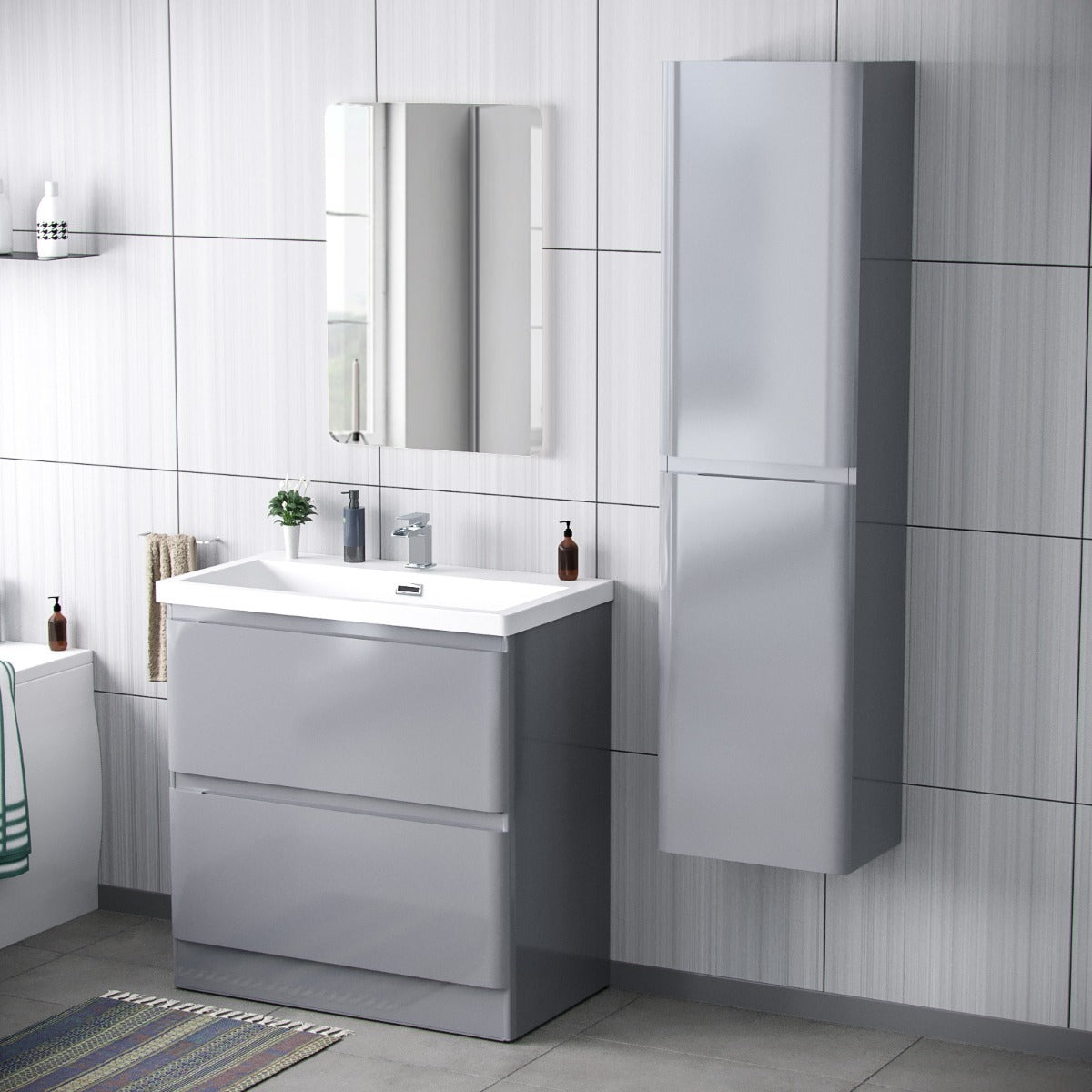 Jersey 800mm Floorstanding Vanity Basin Unit & Modern Tall Wall Hung Cabinet Grey