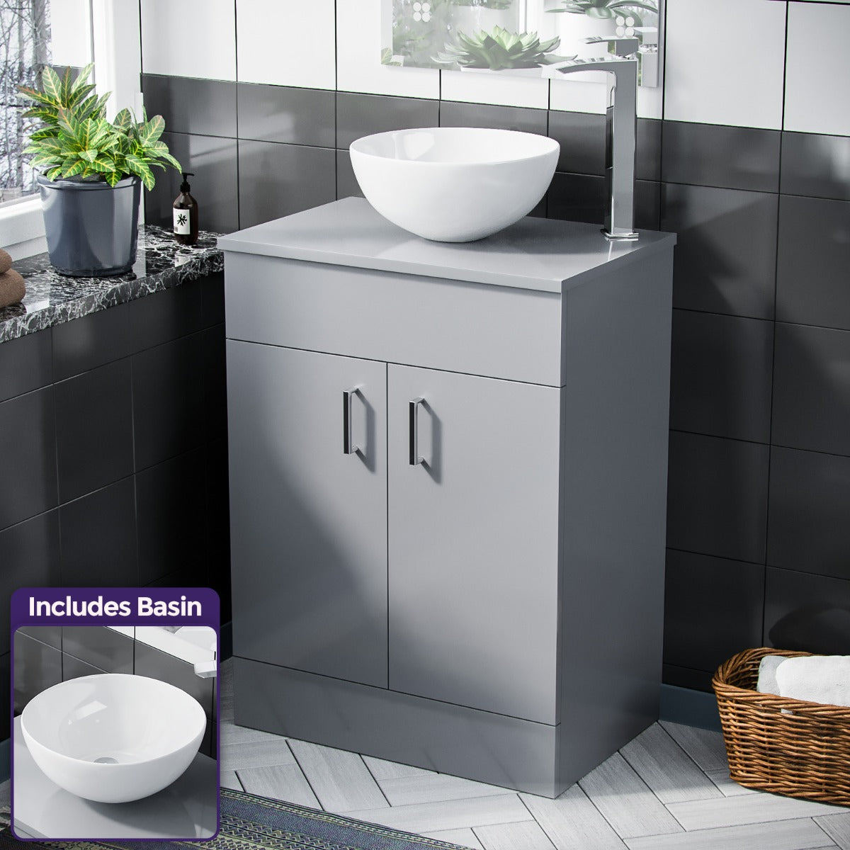 Nanuya 500mm Grey Vanity Cabinet And Round Bowl Counter Top Basin Sink Unit