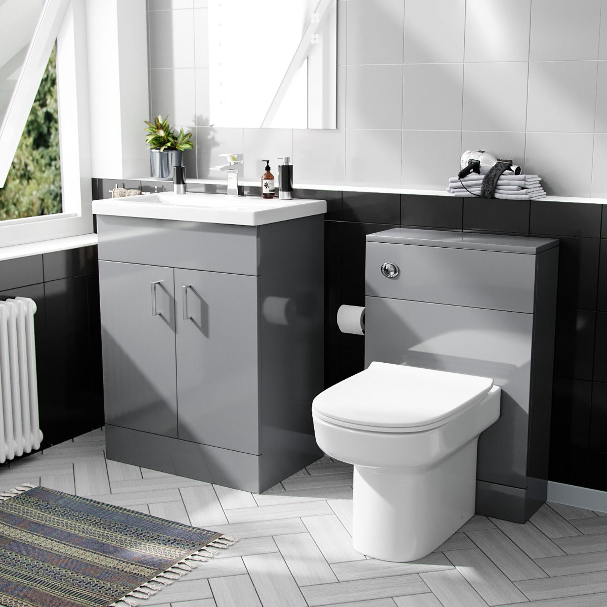 Nanuya 600 mm Basin Vanity Cabinet & Back To Wall WC Toilet Suite Grey